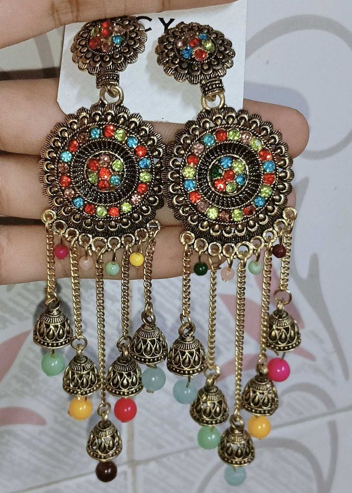 Boho Jhumka Earrings with Multicolored Beads