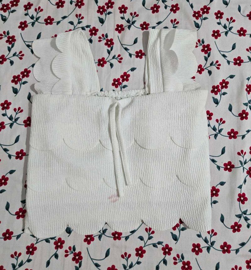 White Scalloped Strap Crop Top