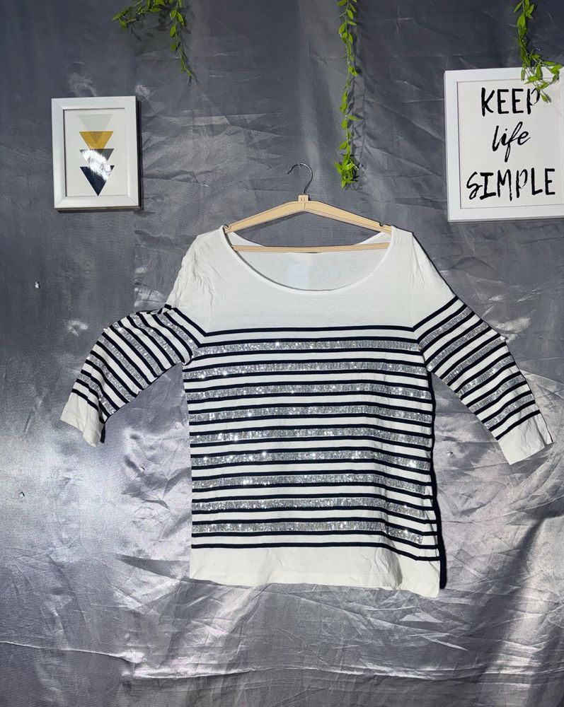 Sparkly Striped Deep neck Long Sleeve Top