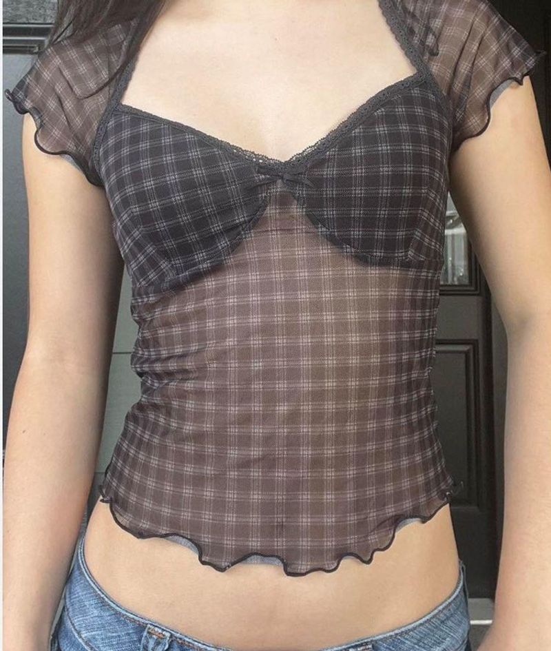 Sheer Plaid Mesh Crop Top