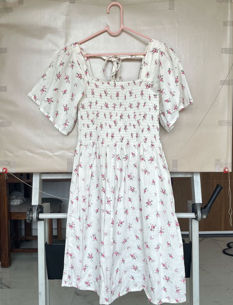 White Floral Print Smocked Dress