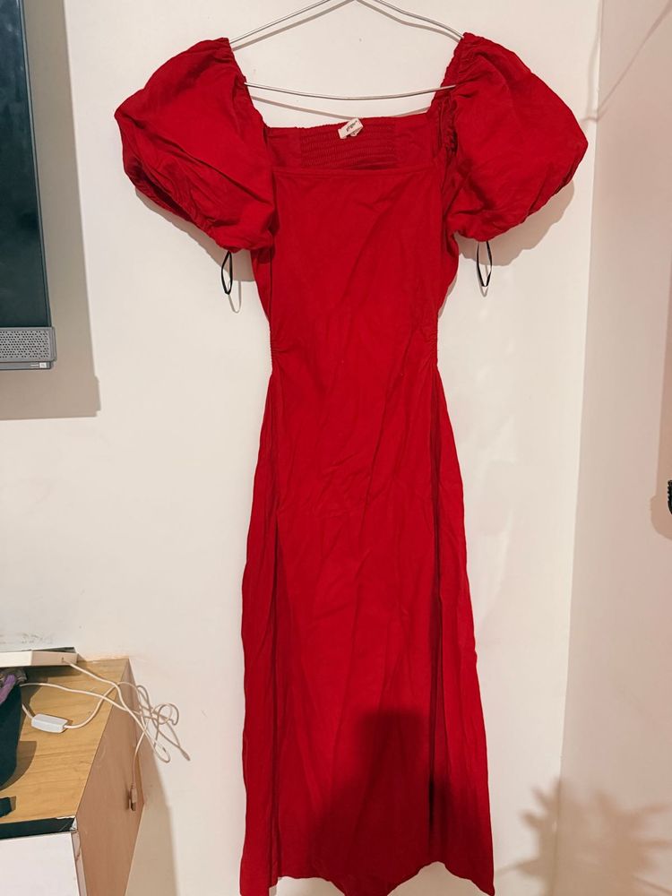Ginger Red Puff Sleeve Square Neck Dress