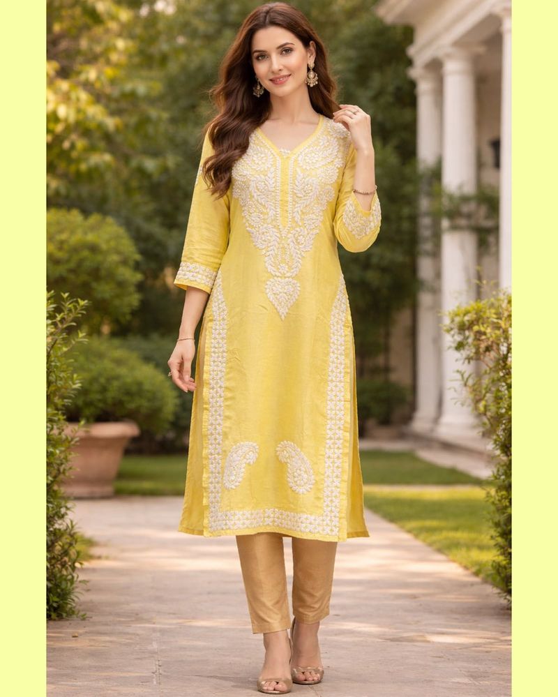 PURE SILK Elegant Yellow Chikankari Kurta Set