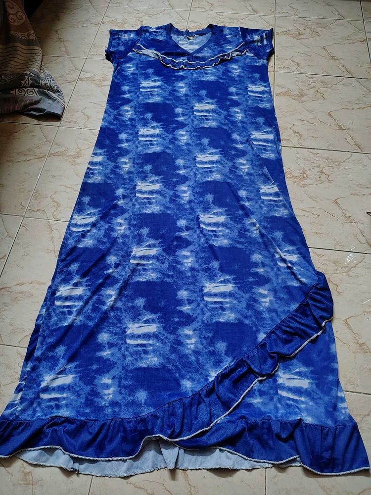 Blue Tie-Dye Nightgown with Ruffles