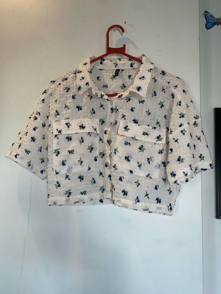 White Cropped Floral Shirt