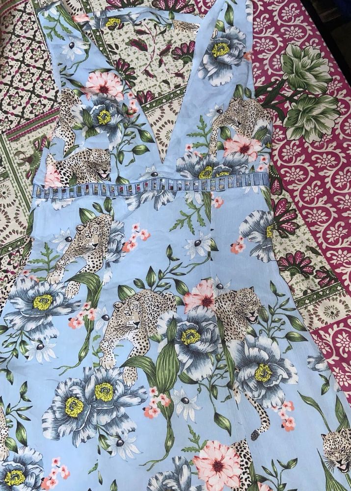 Light Blue Floral Leopard Print Dress