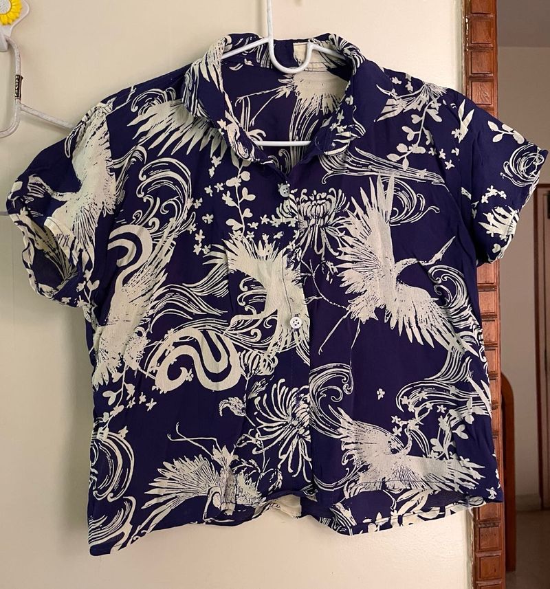 Blue Cropped Crane Print Shirt