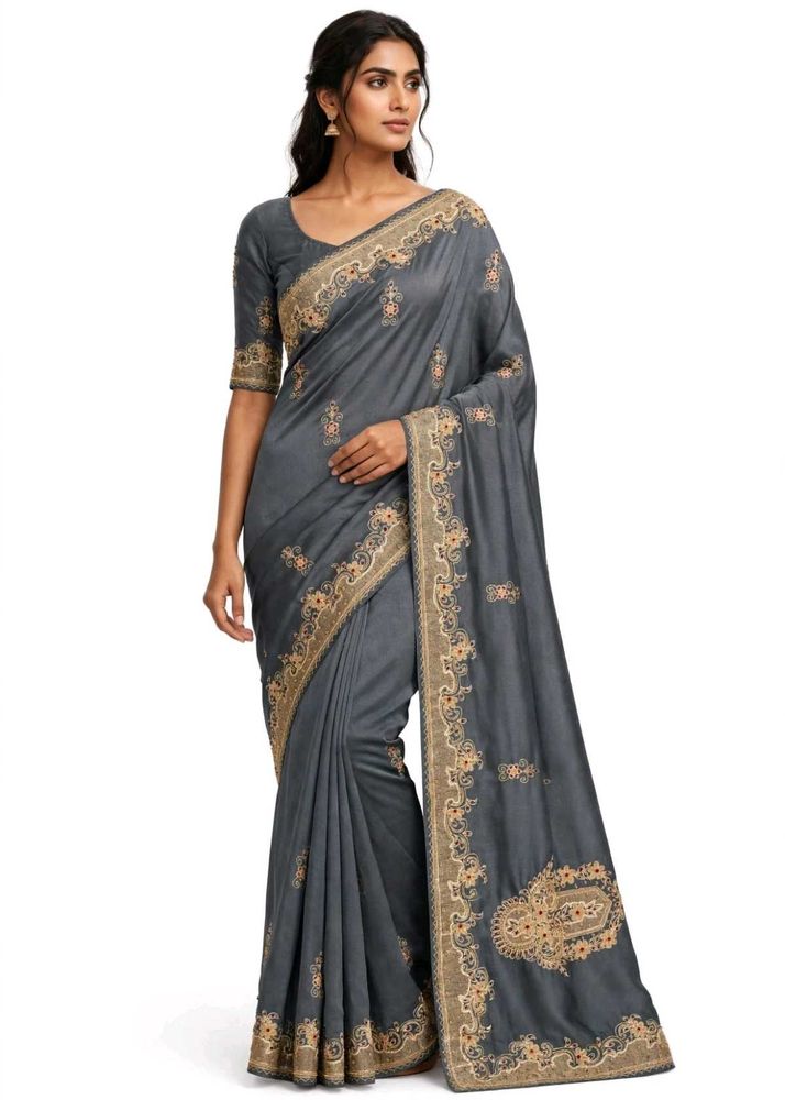 Elegant Grey Embroidered Saree