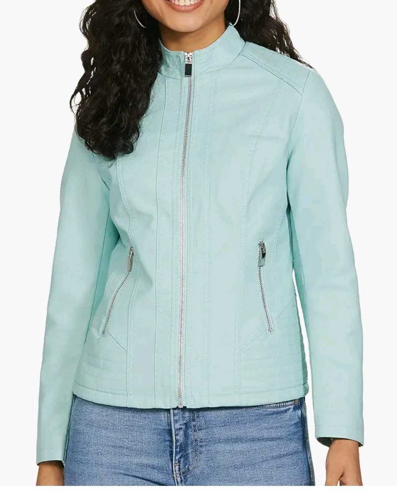 Stylish Light Blue Faux Leather Jacket