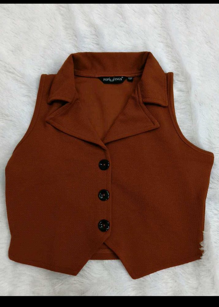Self Design Lapel Collar Sleeveless Waistcoat