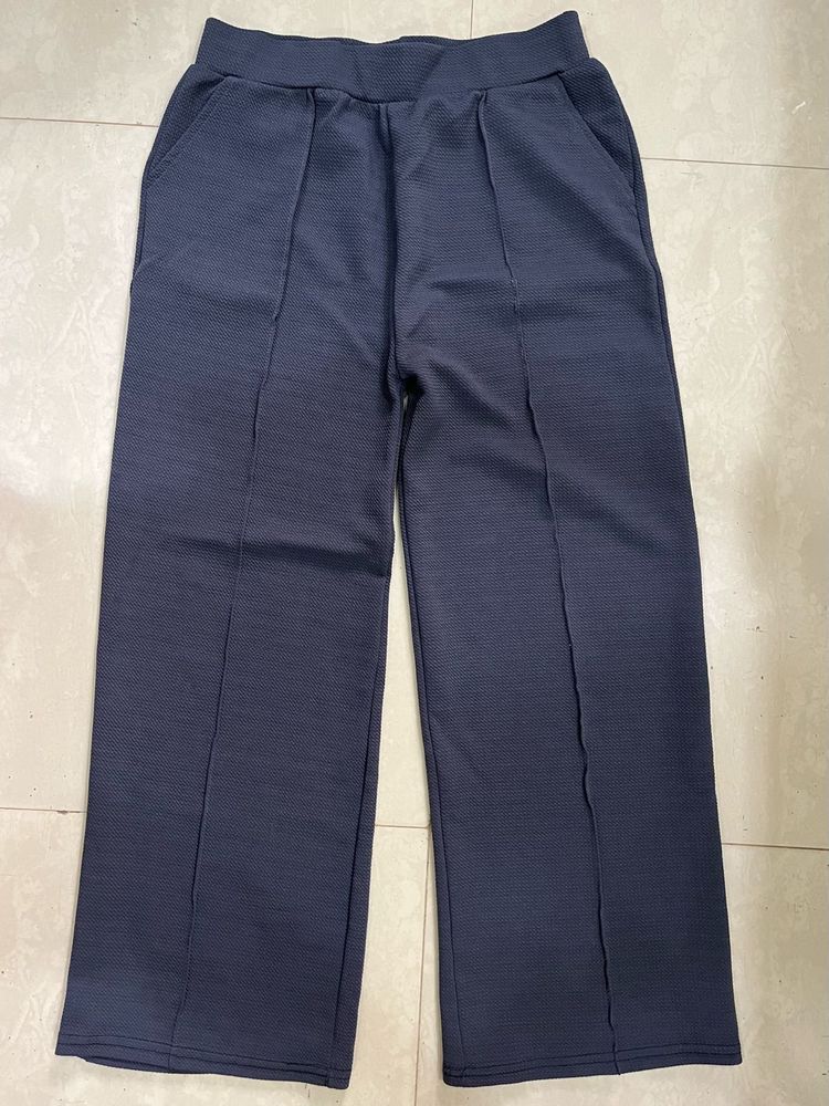 Ribbed Dark Grey Wide-Leg Trousers