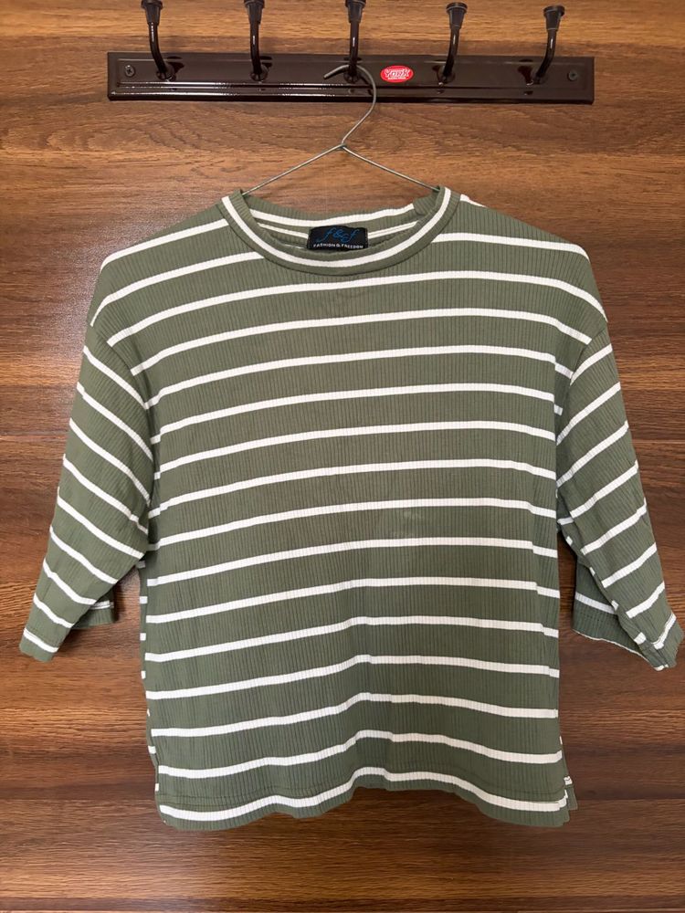 Green &amp; White Striped 3/4 Sleeve Top