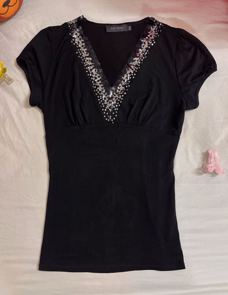 sequin party v-neck y2k black top