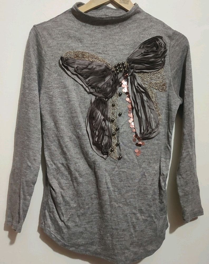 Grey Winter Butterfly Print Full Sleeves Top