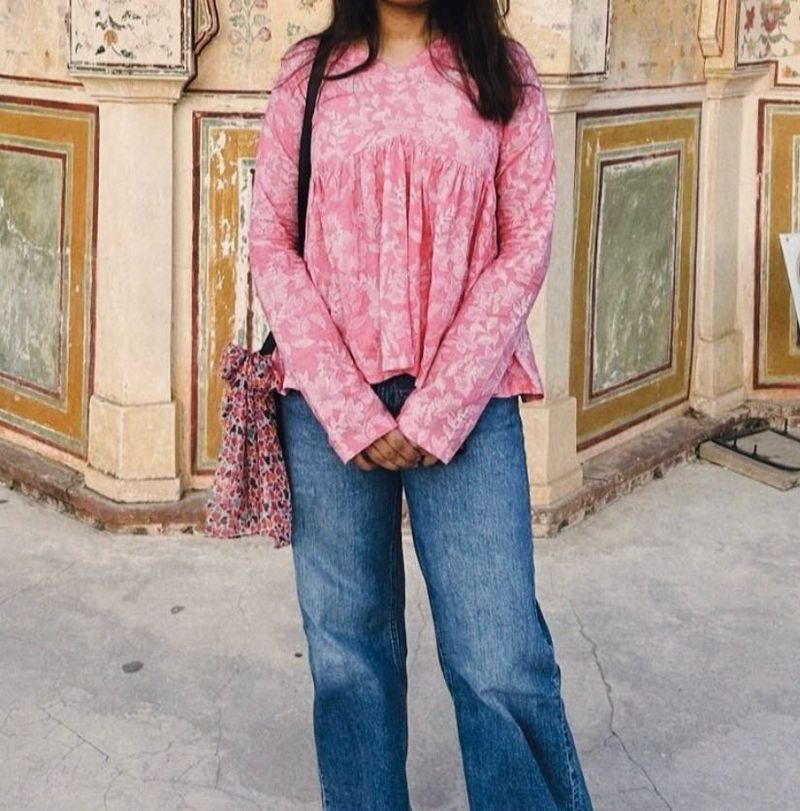 Pink Floral Print Peplum Top