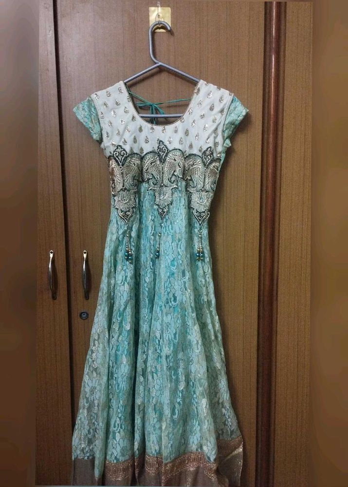 Embroidered Green Gown With Dupatta and Trouser
