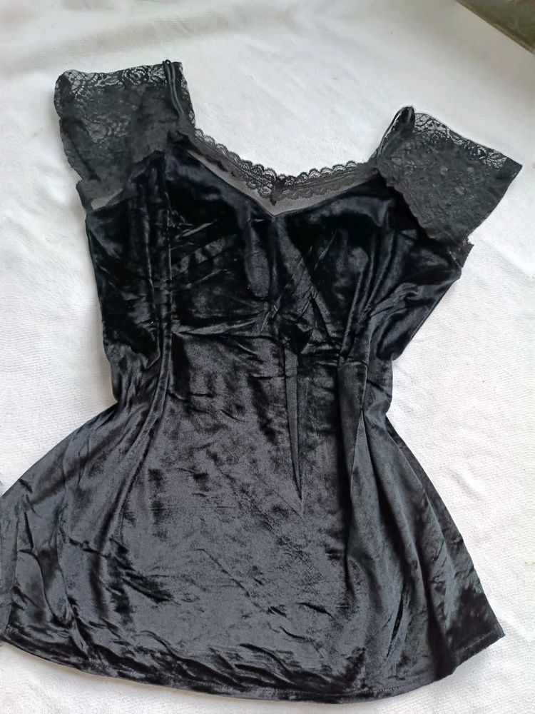 Black Velvet Lace Trim Top