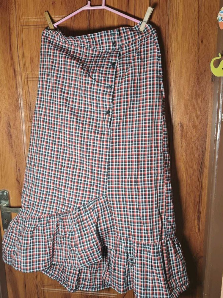 Free delivery - Checked Midi Skirt with Ruffle Hem