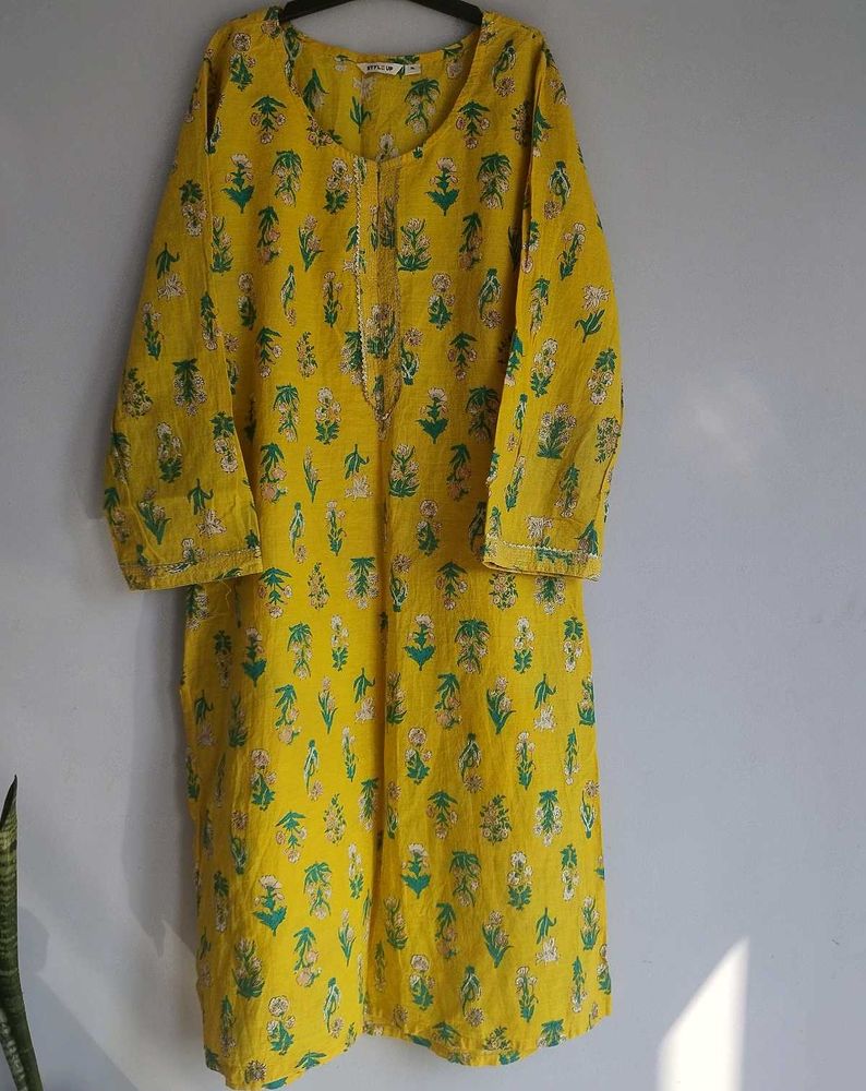 Yellow Floral Print Cotton Kurta