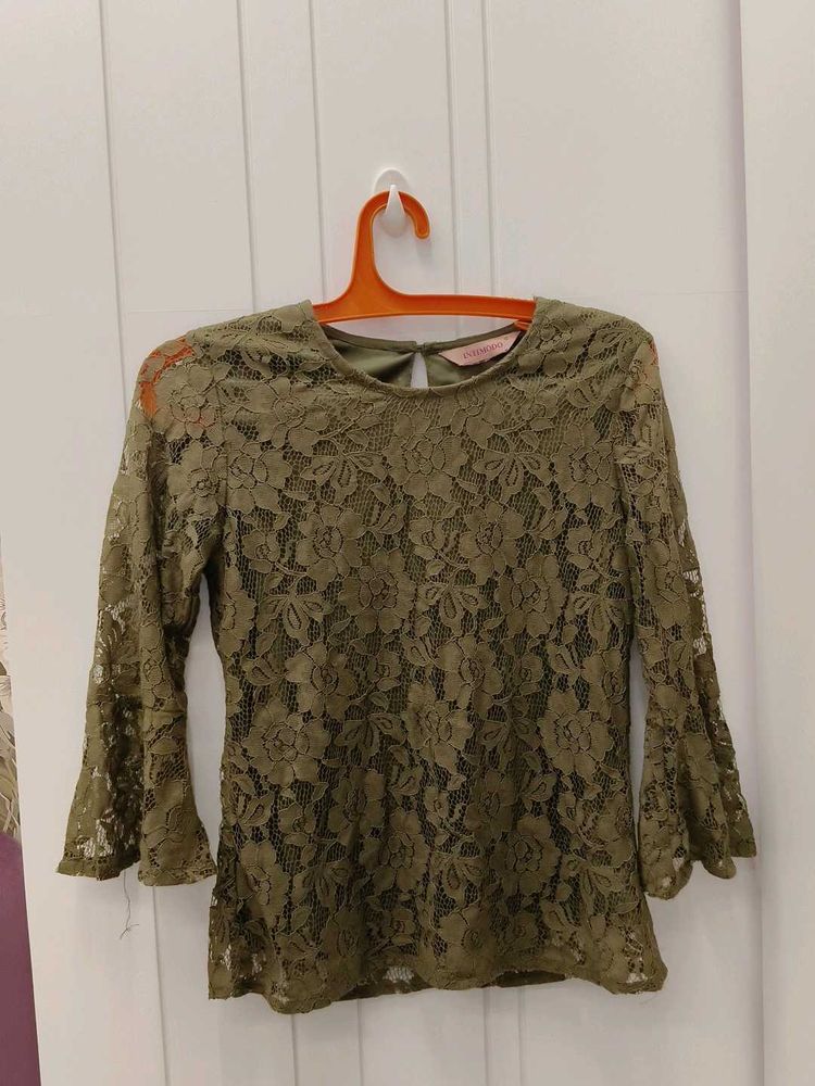 Olive Lace Bell Sleeve Top