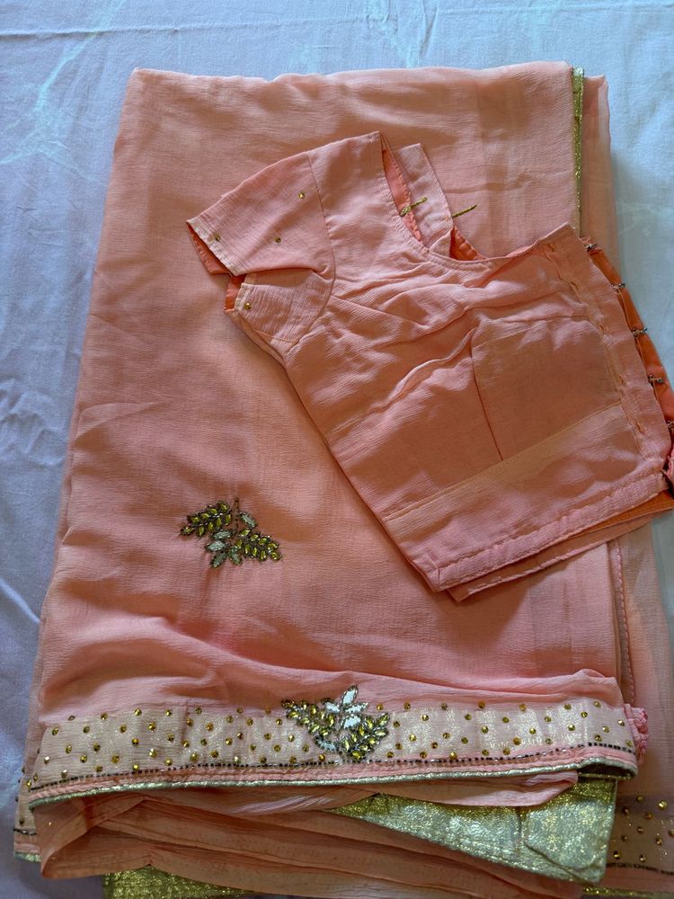 Peach Embroidered Saree with Blouse