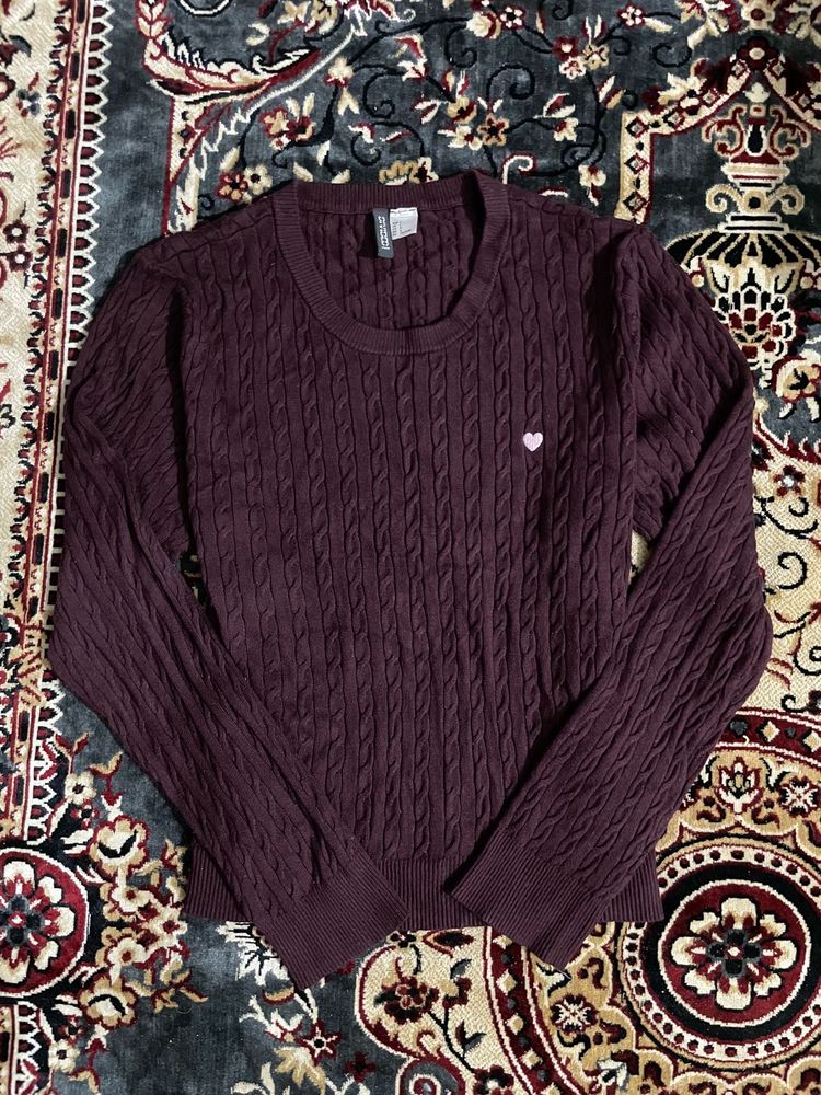 Burgundy Cable Knit Embroidered Sweater