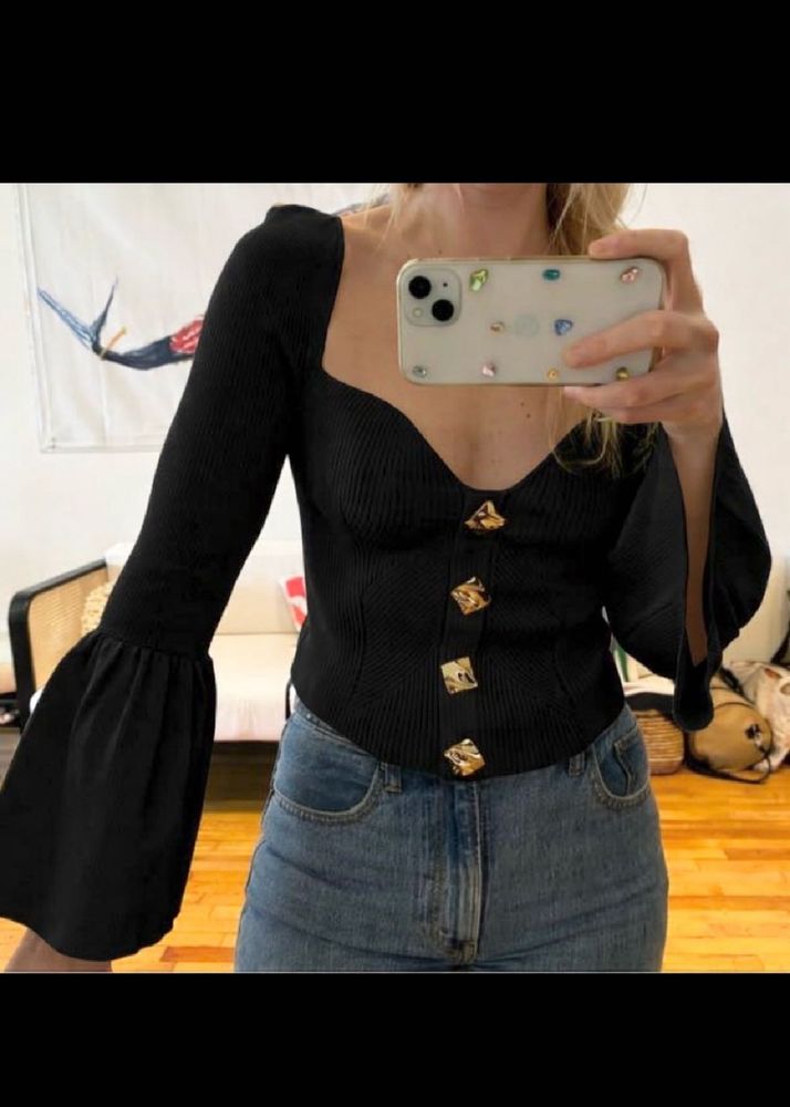 Chic Black Bell Sleeve Button-Up Top