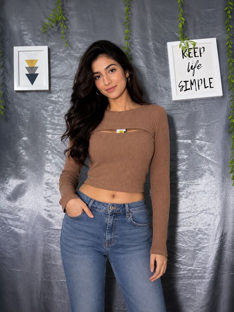 SHEIN Brown Ribbed Cut-Out Long Sleeve Top