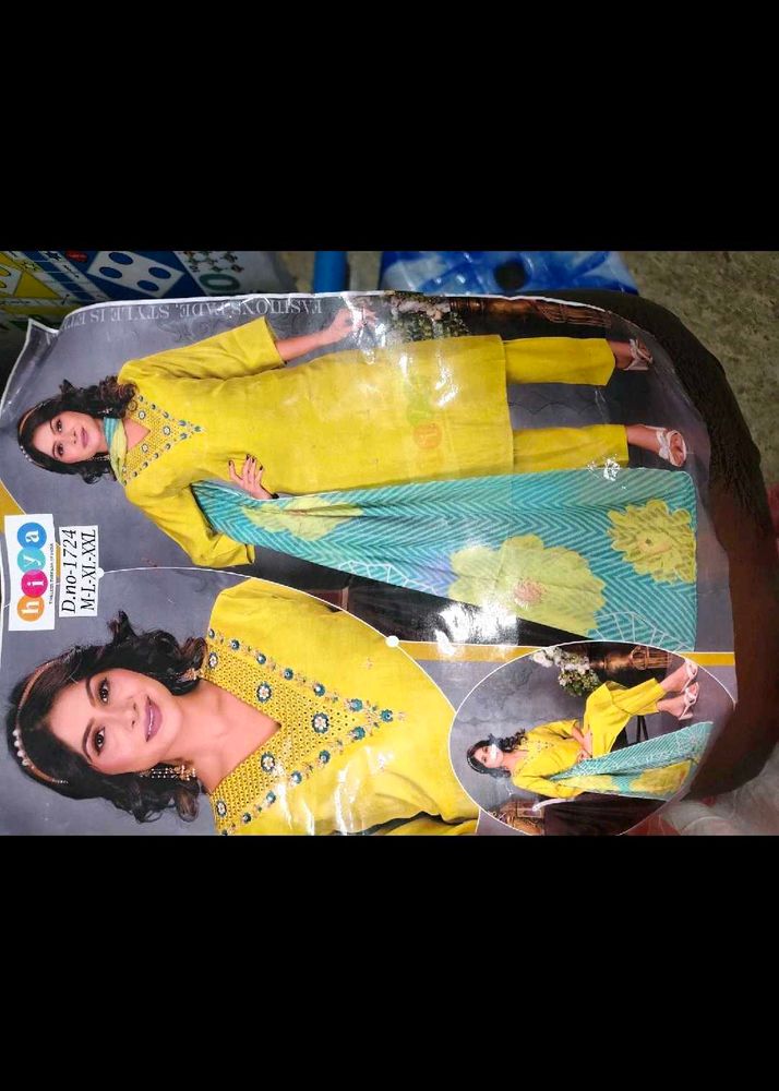 Beautiful Yellow Kurta Set with Blue Dupatta