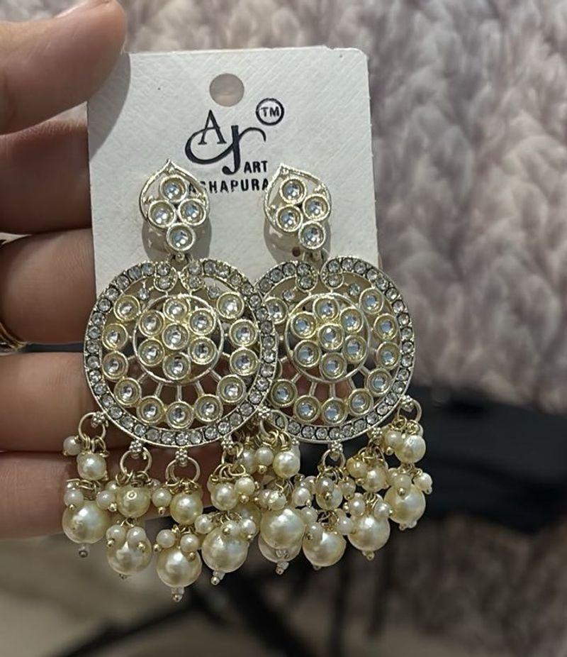 Elegant Pearl &amp; Crystal Chandbali Earrings