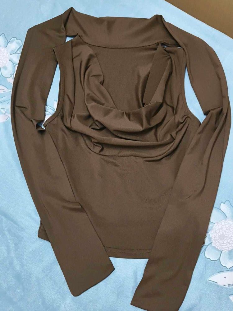 Chic Brown Ribbon Cowl Neck Top