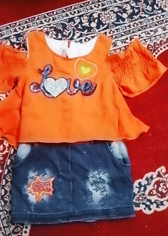Cute Orange Top &amp; Denim Skirt Set