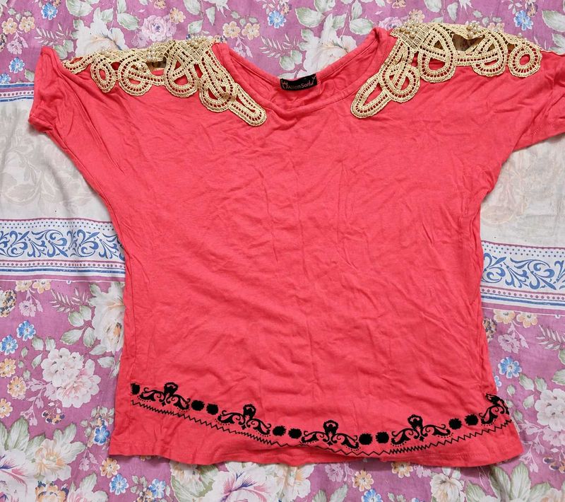 Coral Top with Crochet Detail