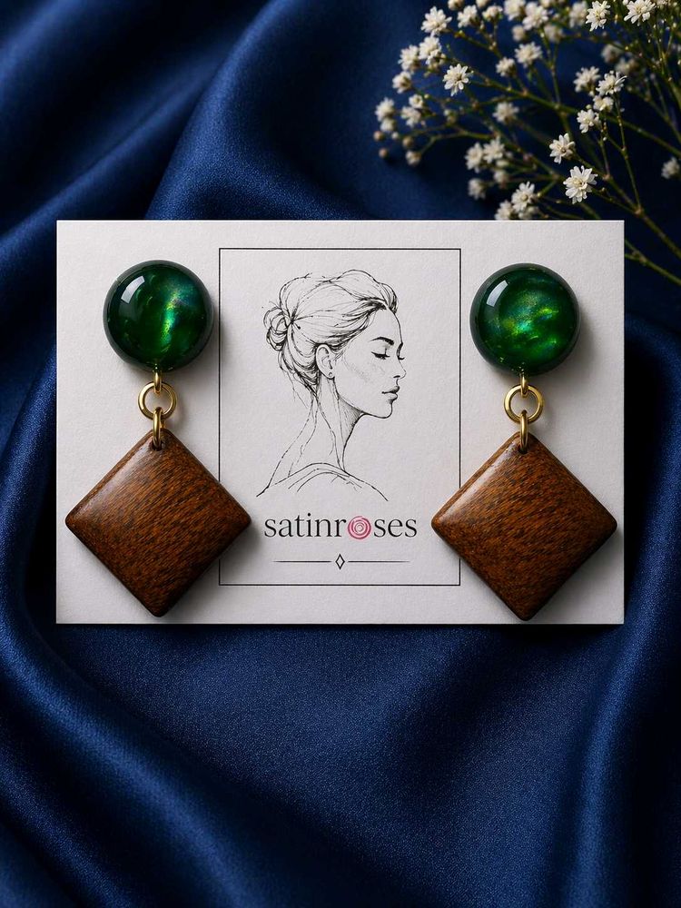 Emerald &amp; Wood Diamond Earrings
