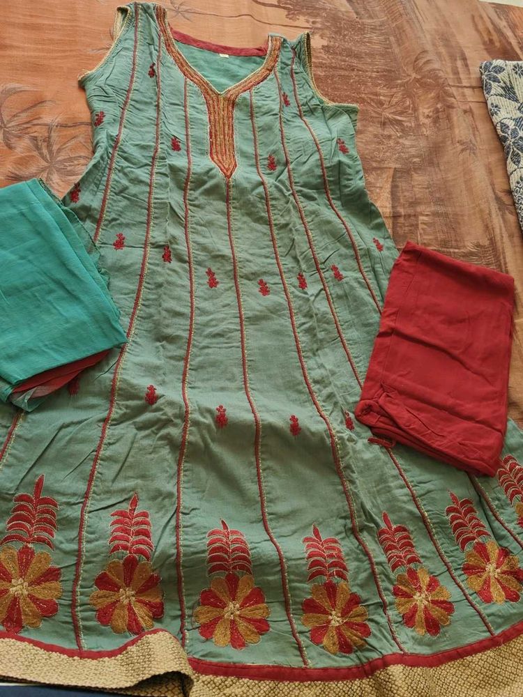 Embroidered Cotton Kurta Set with pants and dupatt