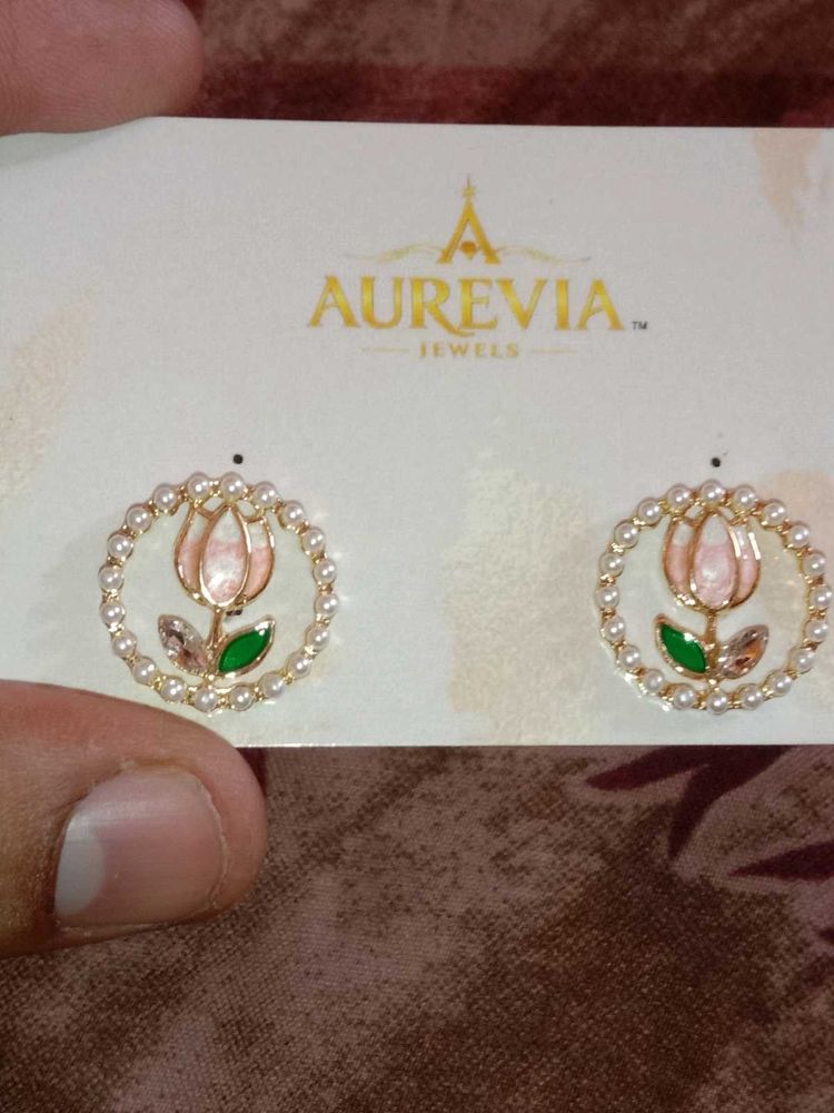 Aurevia Pearl &amp; Enamel Flower Stud Earrings