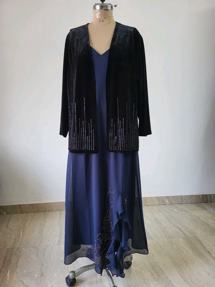 Elegant Blue Gown with Embellished Jacket