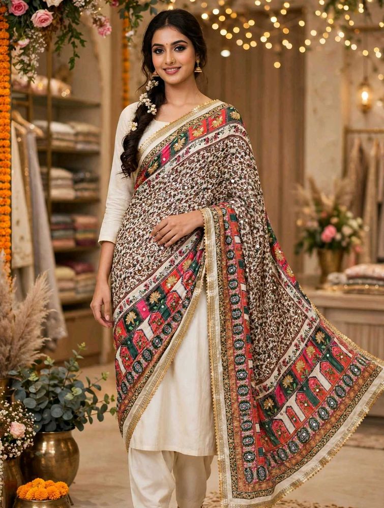Embroidered Silk Dupatta with Mirror Work