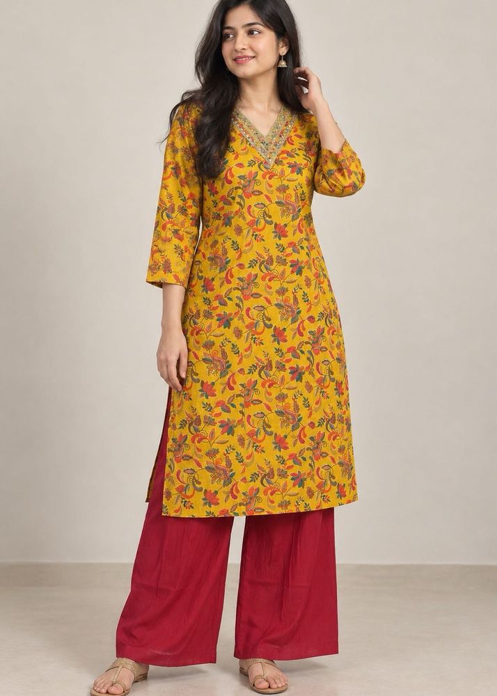 Yellow Floral Print Kurta with Palazzo