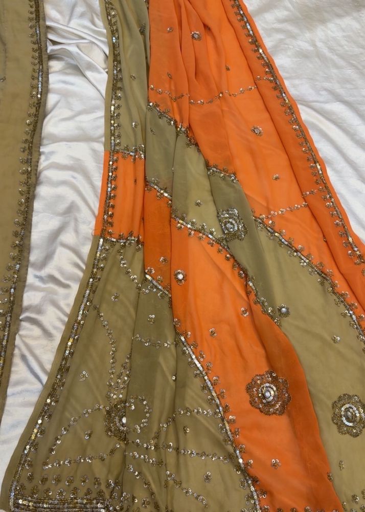 Embellished Saree with Orange &amp; Beige Panels