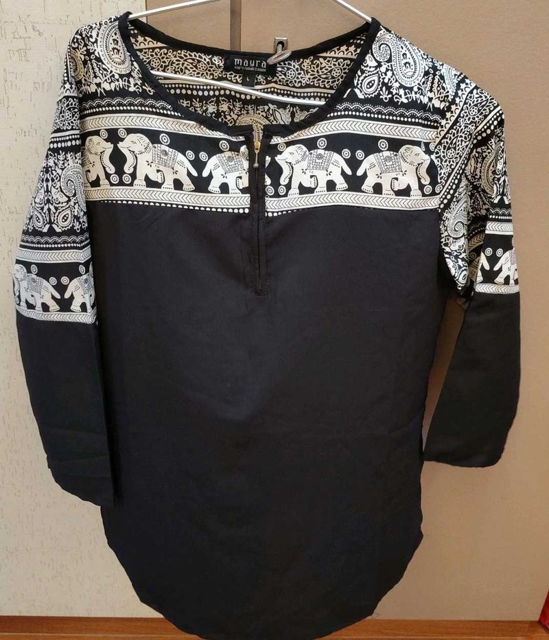 Black short Kurta/Top with Elephant Print