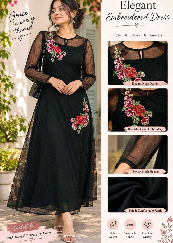 Elegant Embroidered Black Mesh Dress