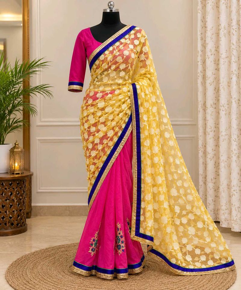 Elegant Yellow &amp; Pink Net Saree with blouse
