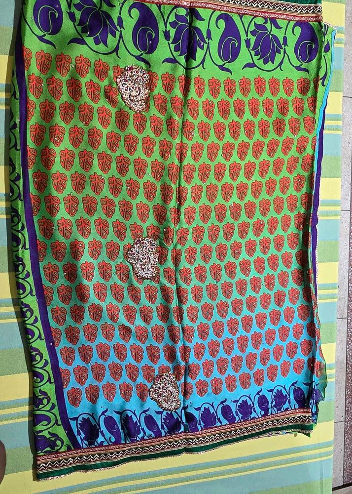 Green &amp; Blue Saree with Leaf Print.