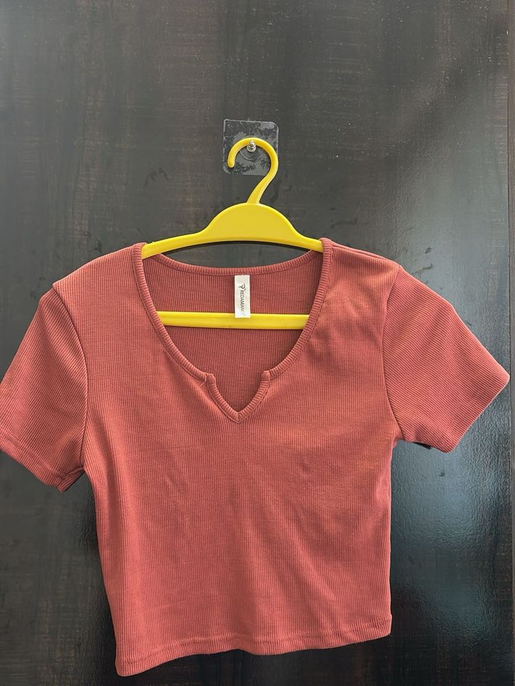 Ribbed Crop Top with V-Neck