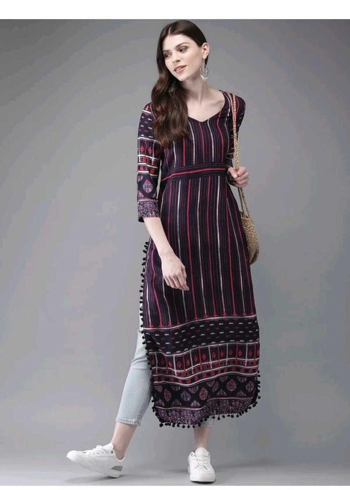 Stylish Striped Kurta with Pom-Pom Trim