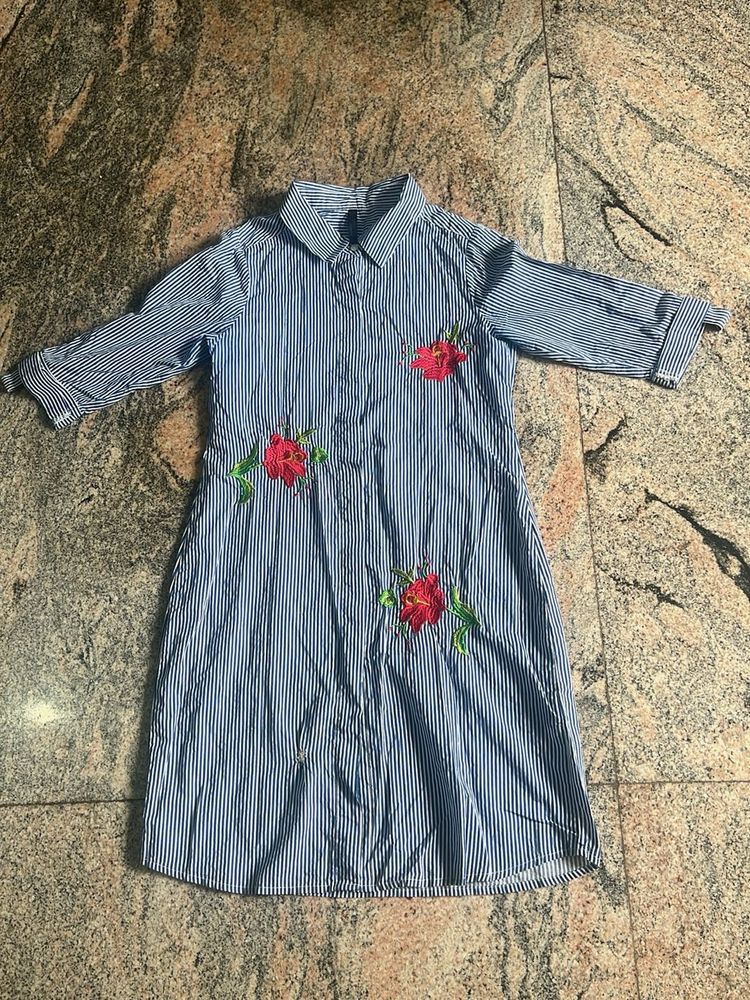 Striped Shirt Dress with Floral Embroidery