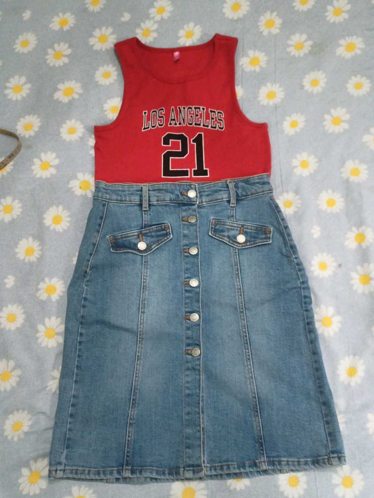 Los Angeles 21 Tank Top &amp; Denim Skirt Set