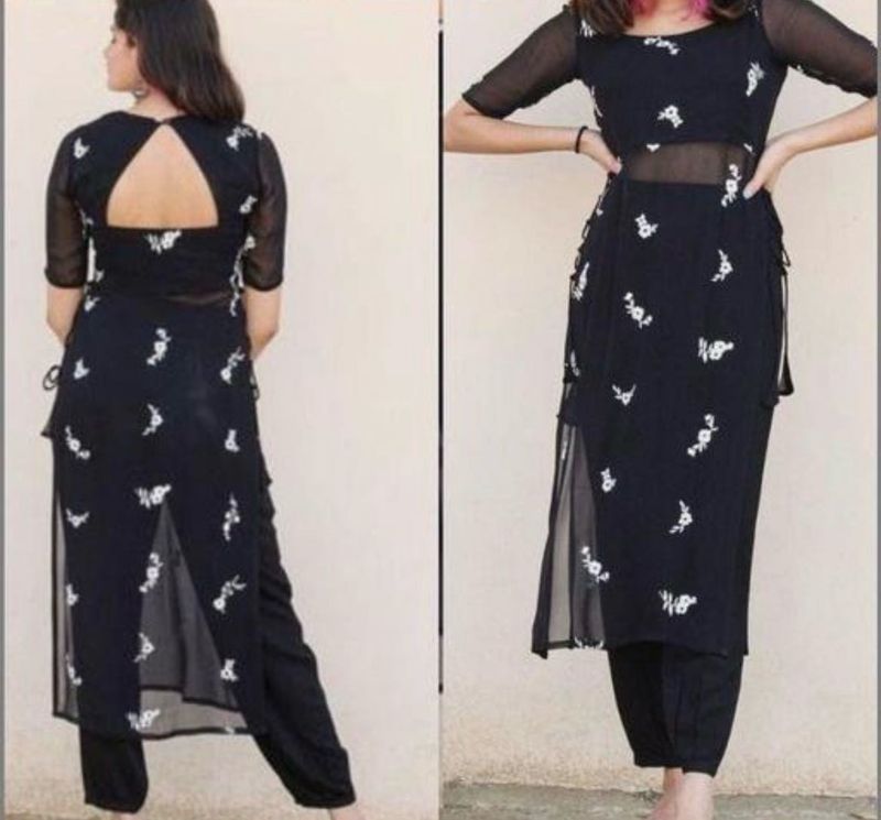 Stylish Black Kurta Set with White Embroidery