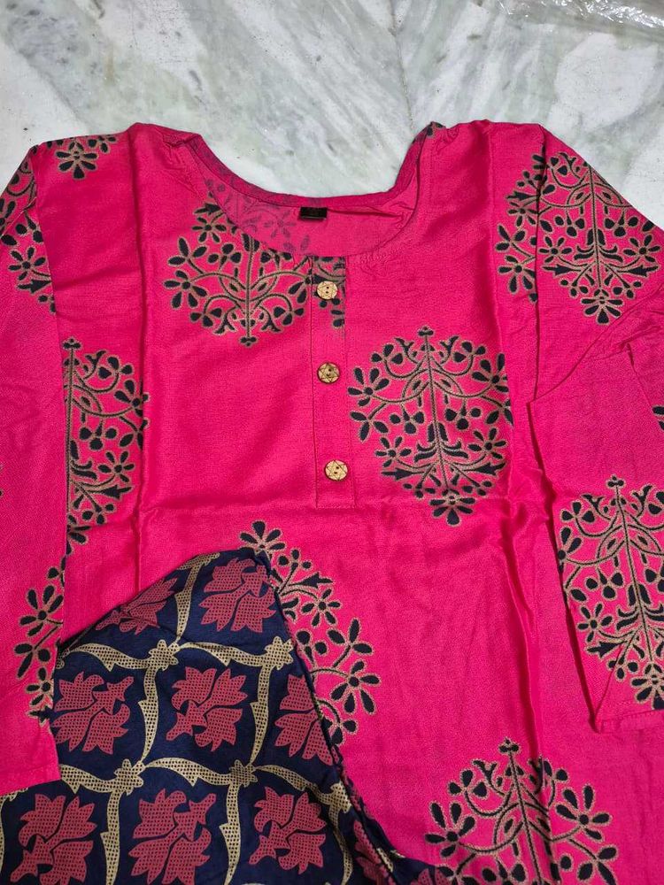 Vibrant Pink Kurta Set with Block Print